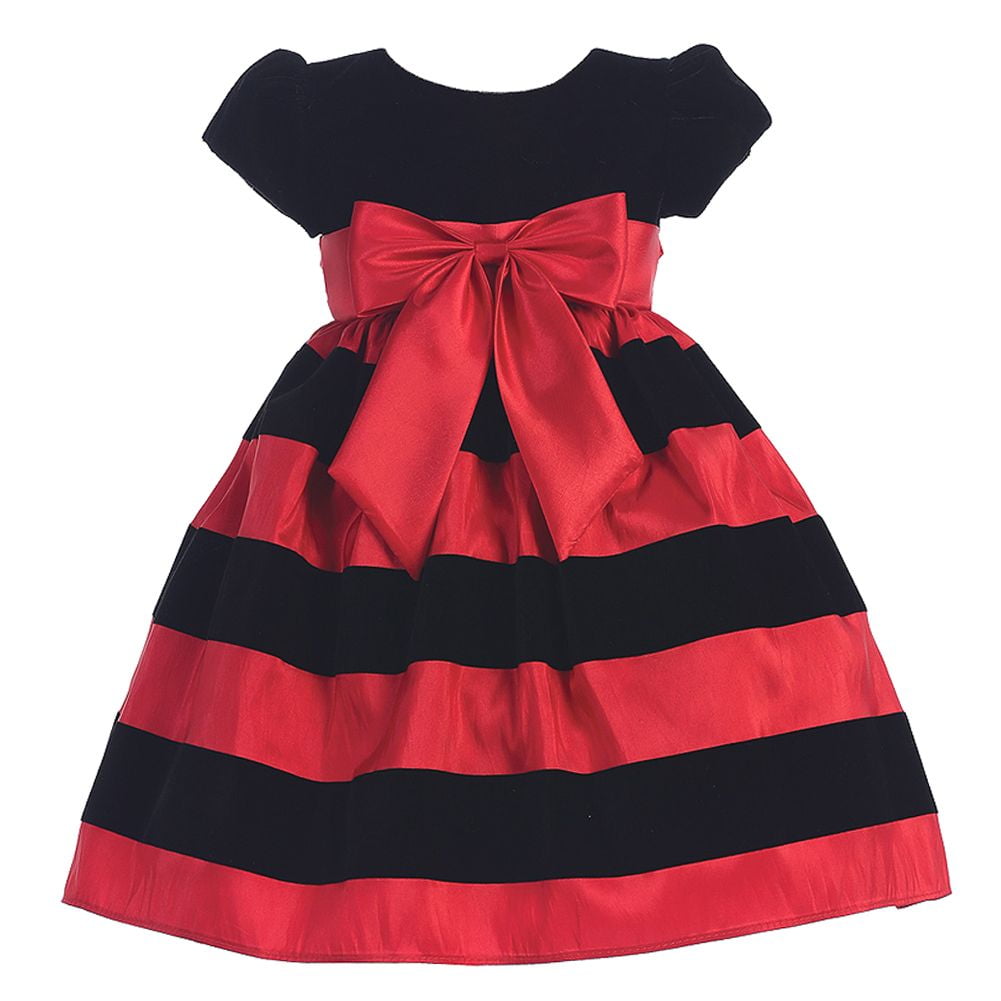 Red Black Velvet Flocked Stripe Christmas Dress Girls 3M,10